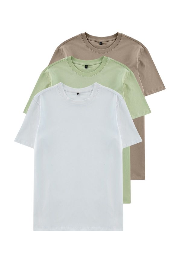 Trendyol Trendyol Mink-Light Green-White Basic Slim/Slim Cut 100% Cotton 3-Pack T-Shirt