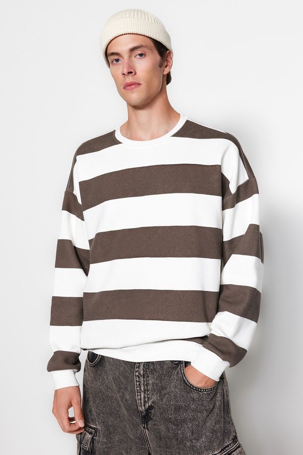 Trendyol Trendyol Mink Oversize/Wide Cut Crew Neck Striped Fleece Inside Cotton Sweatshirt