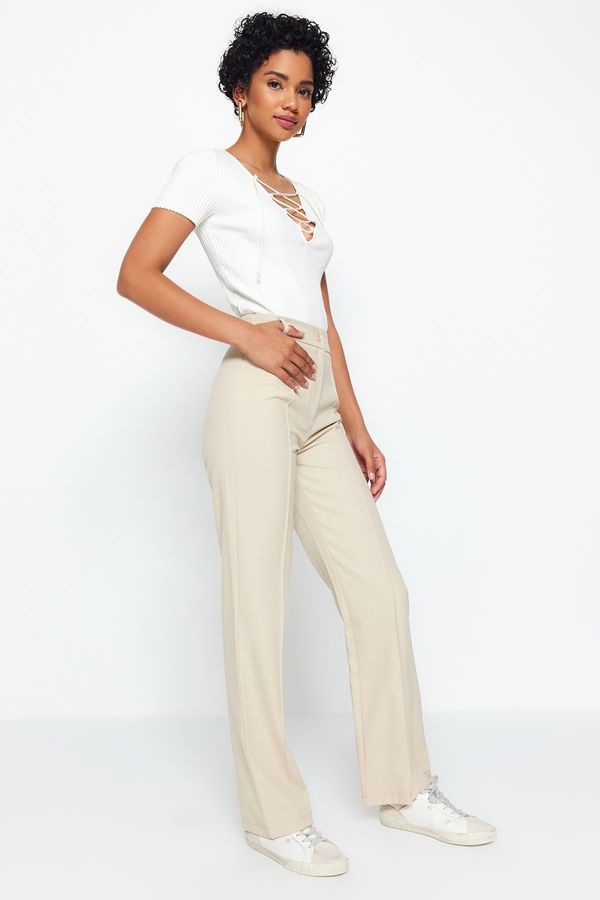 Trendyol Trendyol Mink Straight Cut High Waist Ribbed Stitched Woven Trousers