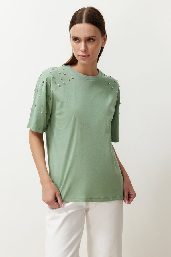 Trendyol Trendyol Mint 100% Cotton Stone Accessory Detailed Relaxed/Comfortable Cut Knitted T-Shirt