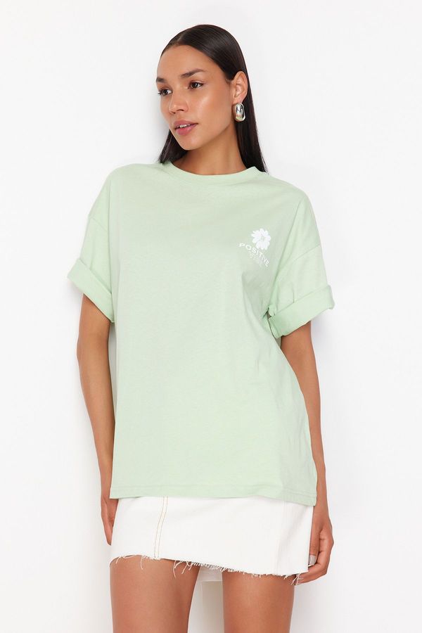 Trendyol Trendyol Mint Back Printed Oversize/Wide Fit Crew Neck Knitted T-Shirt
