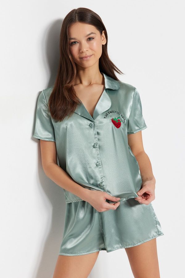 Trendyol Trendyol Mint Embroidered Satin Shirt-Shorts Woven Pajama Set