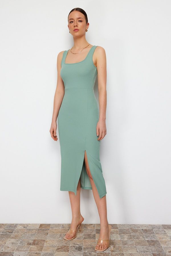 Trendyol Trendyol Mint Fitted Square Neck Elastic Knitted Midi Dress With Slit