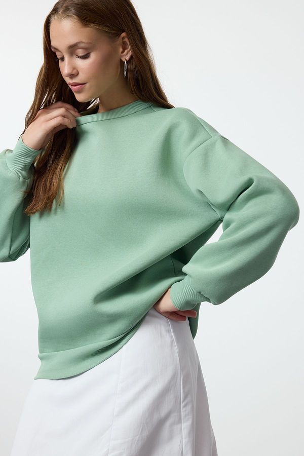 Trendyol Trendyol Mint Oversize/Relaxed Cut Basic Crew Neck Thick/Polar inside Knitted Sweatshirt