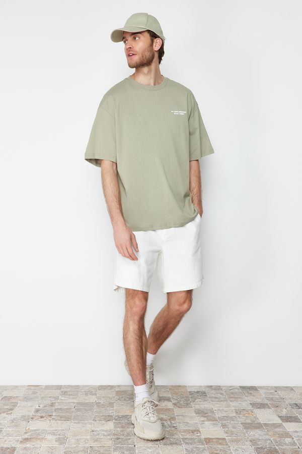 Trendyol Trendyol Mint Oversize/Wide Cut Text Printed Short Sleeve 100% Cotton T-Shirt