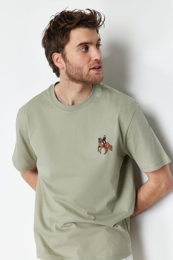 Trendyol Trendyol Mint Relaxed/Casual Fit Horse/Animal Embroidered Short Sleeve 100% Cotton T-Shirt