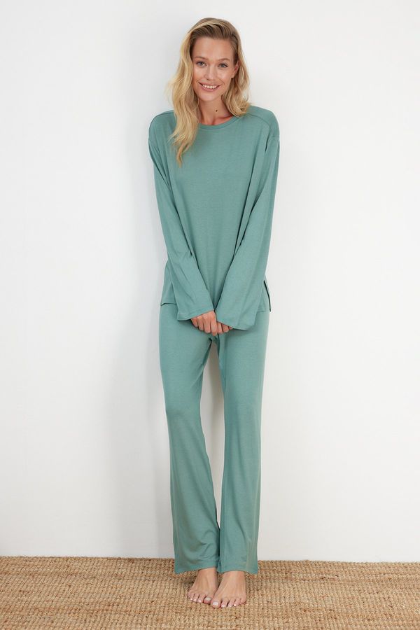 Trendyol Trendyol Mint Slit Detailed T-shirt-Pants and Knitted Pajamas Set