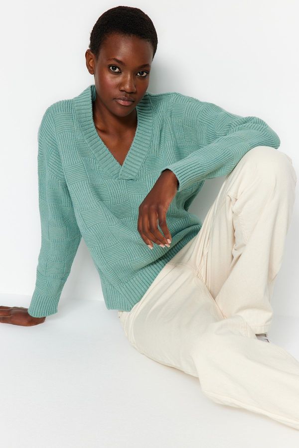 Trendyol Trendyol Mint Soft Textured V-Neck Knitwear Sweater