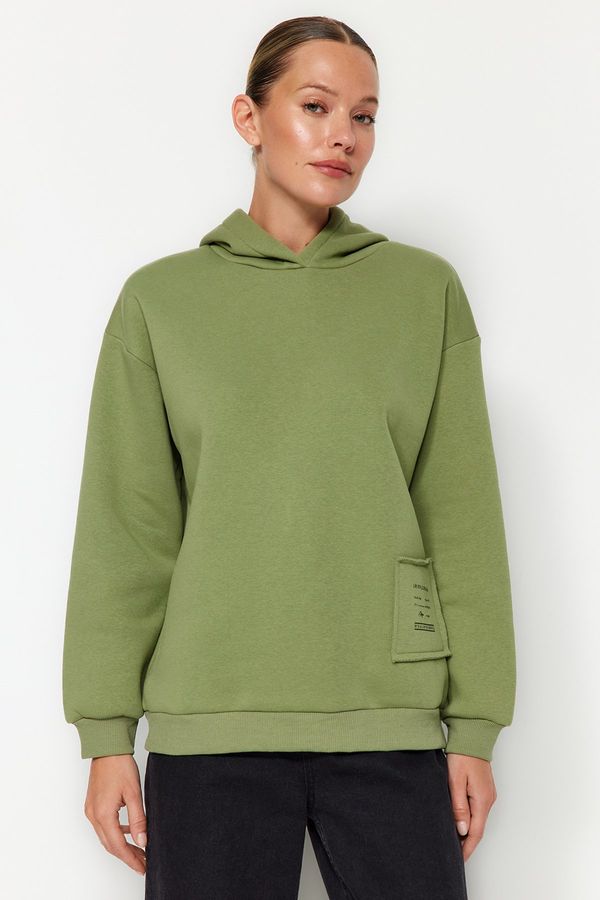 Trendyol Trendyol Mint Thick Fleece Printed Relaxed/Comfortable Fit Hooded Knitted Sweatshirt