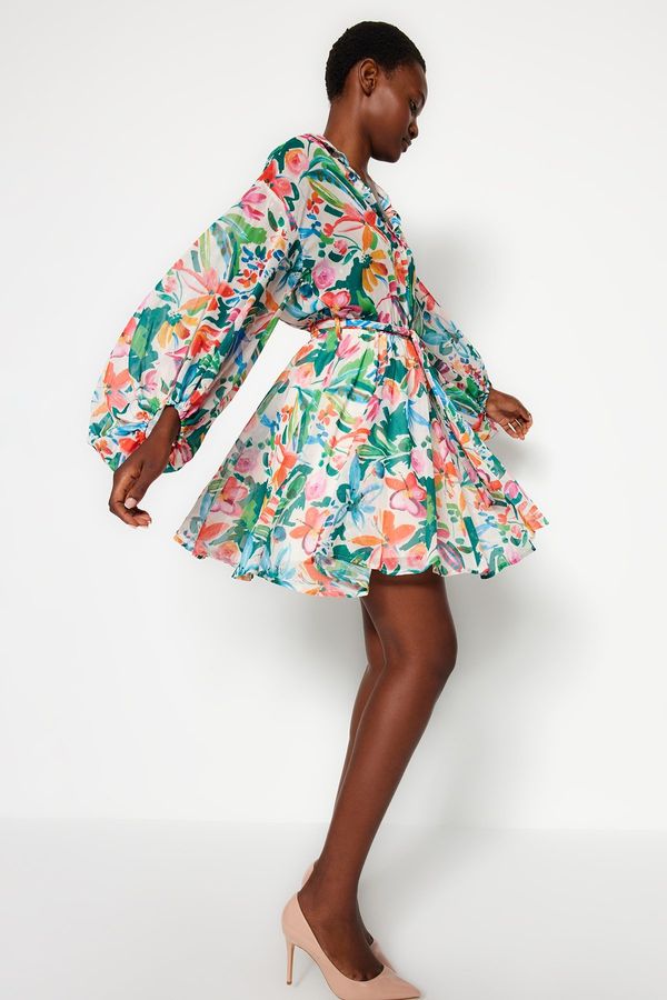 Trendyol Trendyol Multi Color Floral Pattern Waist Open Mini Lined Chiffon Woven Dress