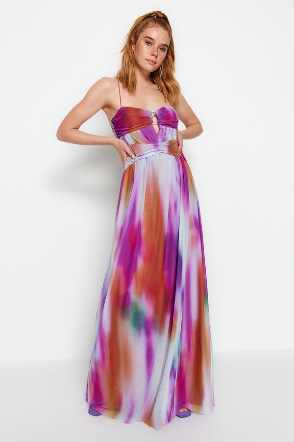 Trendyol Trendyol Multi Color Knitted Abstract Patterned Tulle Long Evening Evening Dress