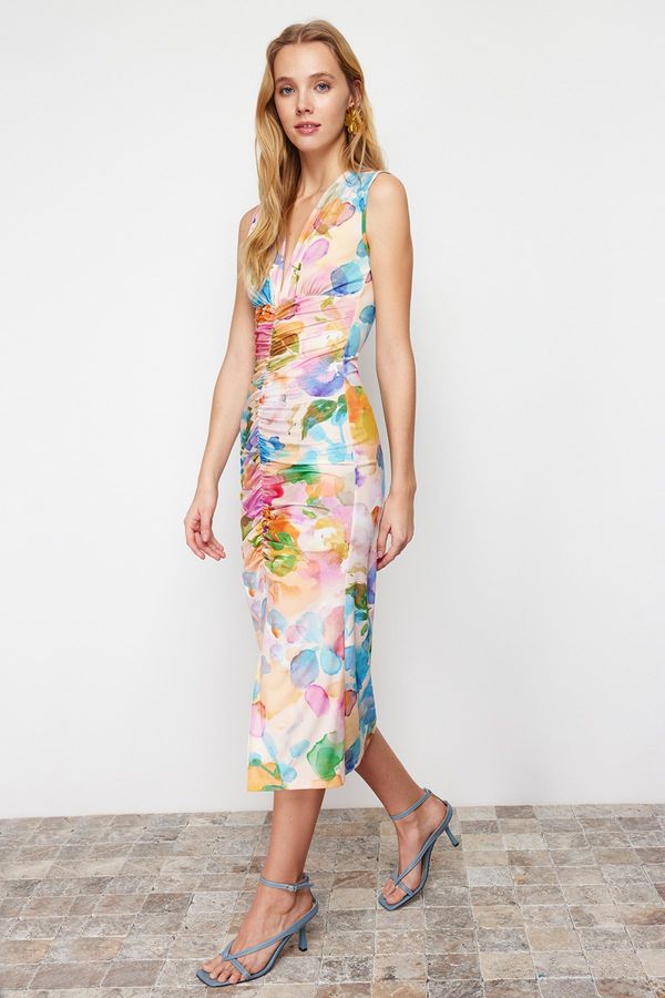Trendyol Trendyol Multi Color Printed Fitted/Sticky Gathered Detailed Knitted Midi Dress