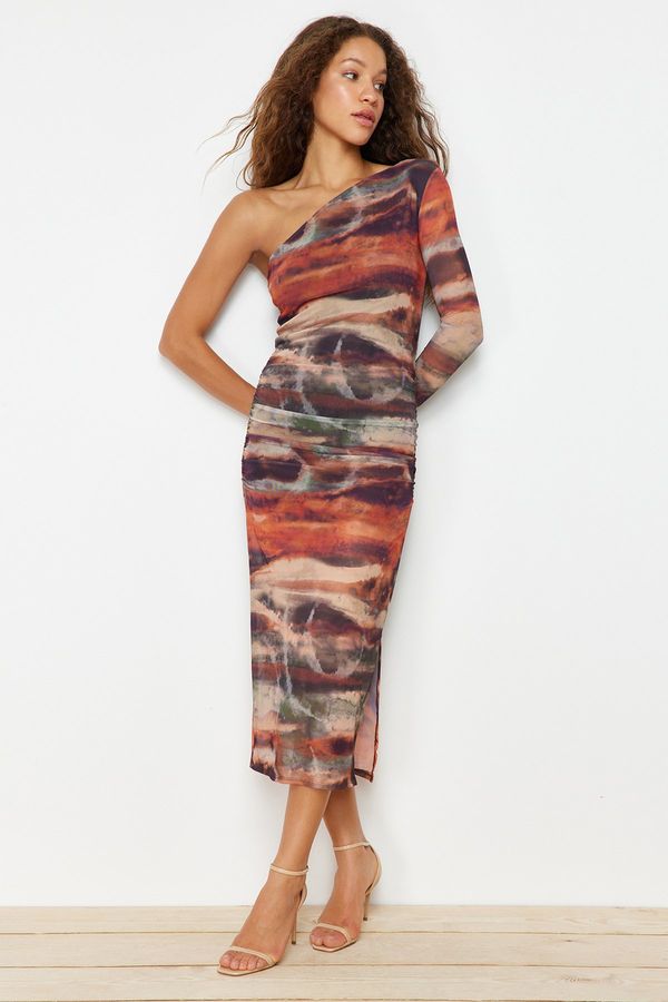 Trendyol Trendyol Multi-colored Fitted/Sticky Draped One-Shoulder Maxi Knit Dress with Tulle Liner