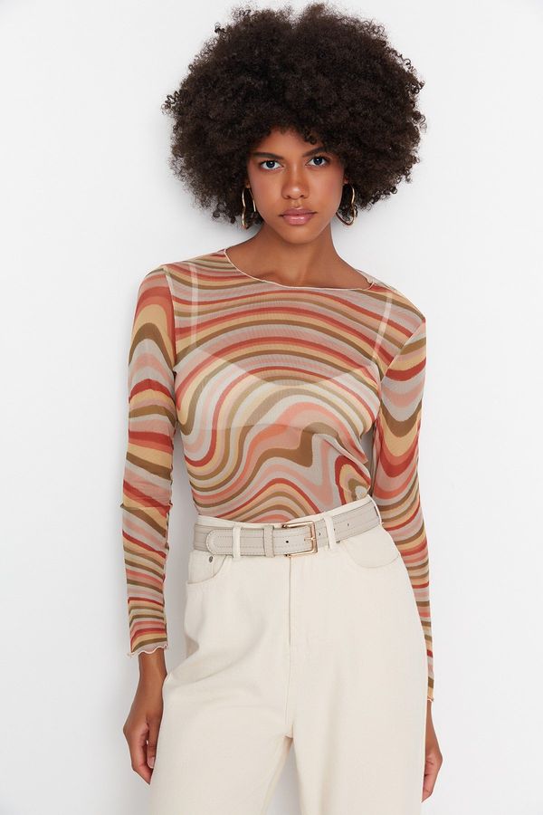 Trendyol Trendyol Multi-colored Printed Crew Neck Long Sleeve Fitted/Situated Elastic Tulle Knitted Blouse