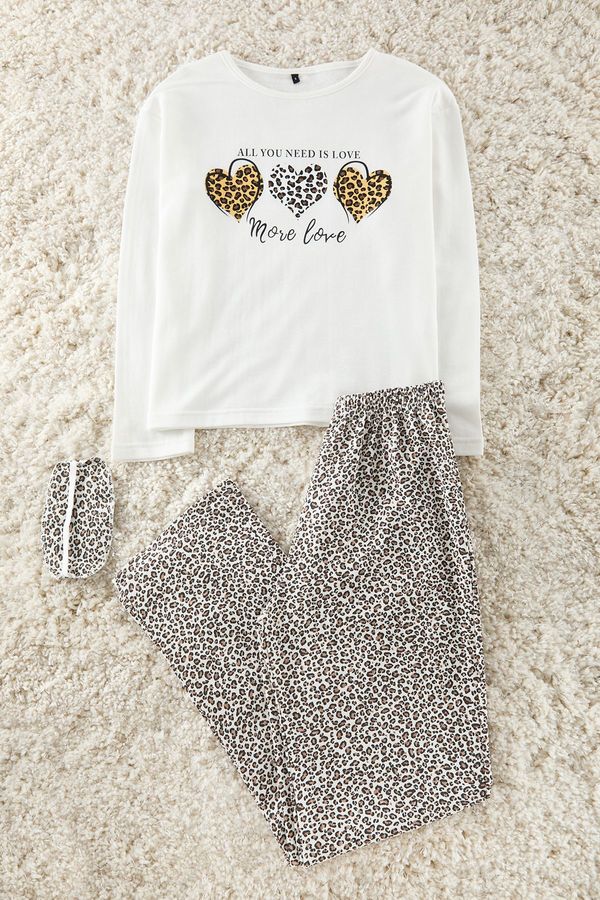 Trendyol Trendyol Multicolored Cotton Leopard Patterned Heart Sleep Band Knitted Pajama Set