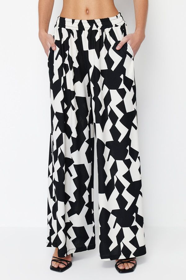Trendyol Trendyol Multicolored Geometric Patterned Wide Leg Ribbed Stretch Trousers