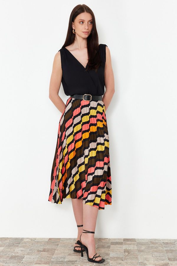 Trendyol Trendyol Multicolored Patterned Satin Fabric Pleat Detailed Midi Length Woven Skirt