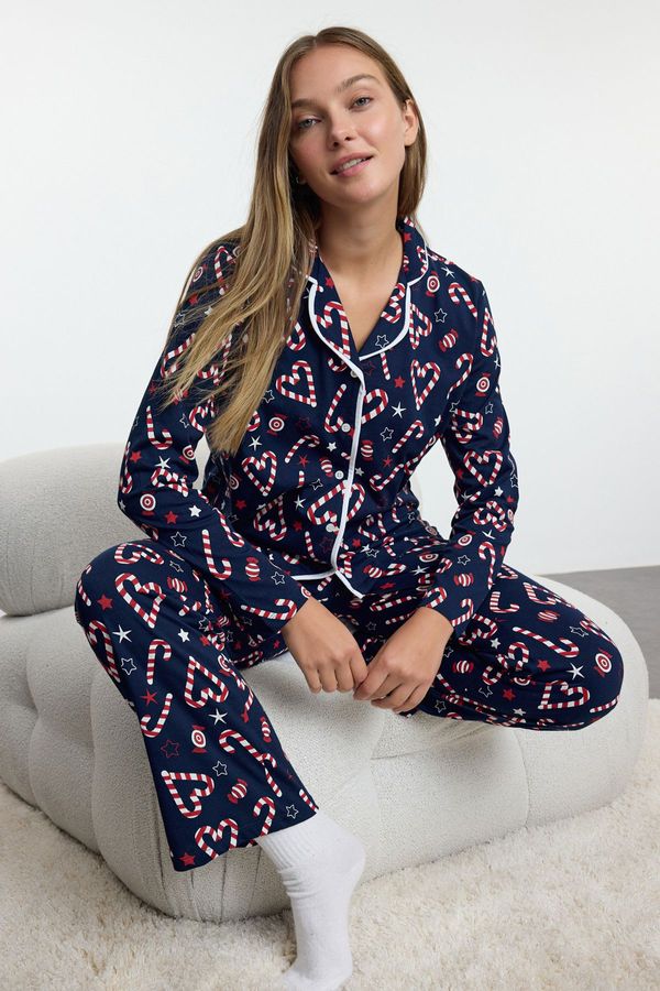 Trendyol Trendyol Navy Blue 100% Cotton Christmas Themed Piping Knitted Pajamas Set