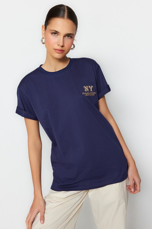 Trendyol Trendyol Navy Blue 100% Cotton Embroidered Boyfriend/Wide Fit Crew Neck Knitted T-Shirt