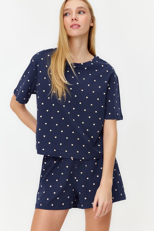 Trendyol Trendyol Navy Blue 100% Cotton Heart Patterned T-shirt-Shorts Knitted Pajamas Set