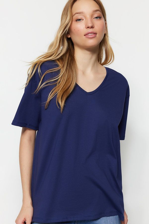 Trendyol Trendyol Navy Blue 100% Cotton Oversize/Wide Fit V-Neck Short Sleeve Knitted T-Shirt