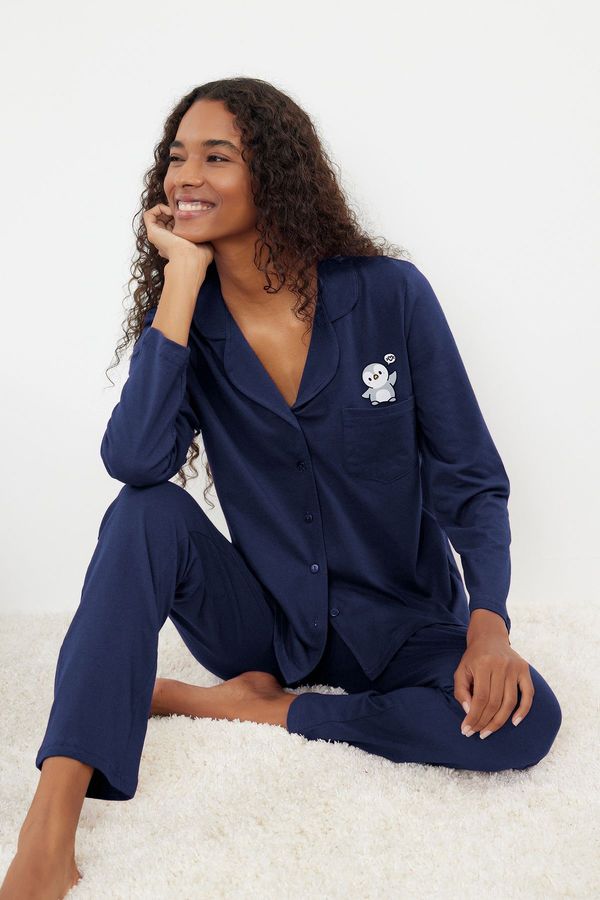 Trendyol Trendyol Navy Blue 100% Cotton Penguin Printed Knitted Pajama Set