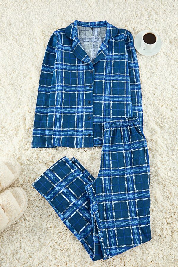 Trendyol Trendyol Navy Blue 100% Cotton Plaid Knitted Pajama Set