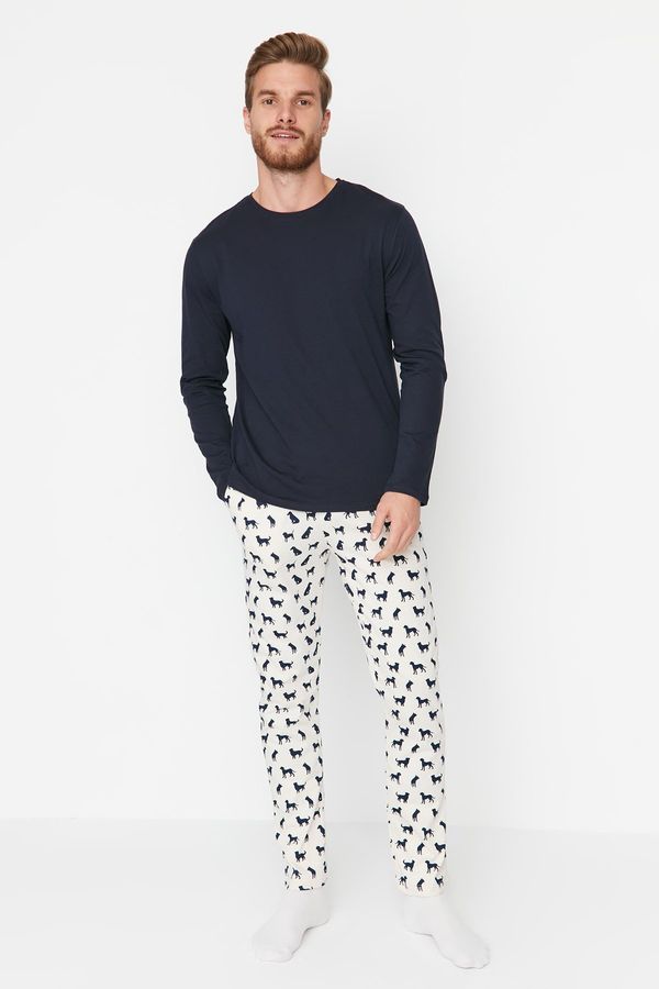 Trendyol Trendyol Navy Blue 100% Cotton Regular Fit Printed Knitted Pajamas Set