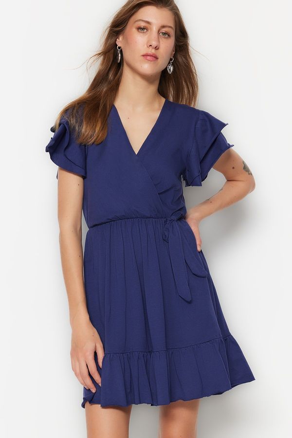 Trendyol Trendyol Navy Blue 100% Cotton Ruffle Detailed Double-breasted Mini Knitted Dress with Frill Detail on the Sleeves
