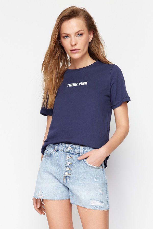 Trendyol Trendyol Navy Blue 100% Cotton Slogan Embroidered Relaxed/Comfortable Pattern Knitted T-Shirt