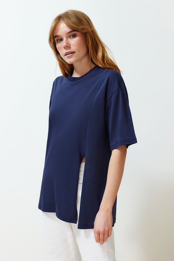 Trendyol Trendyol Navy Blue 100% Single Jersey Relaxed/Comfortable Fit Asymmetric Knitted T-Shirt
