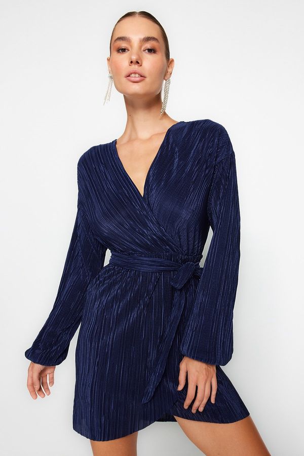 Trendyol Trendyol Navy Blue Belted A-Cut Lined Pleated Knitted Short Elegant Evening Dress