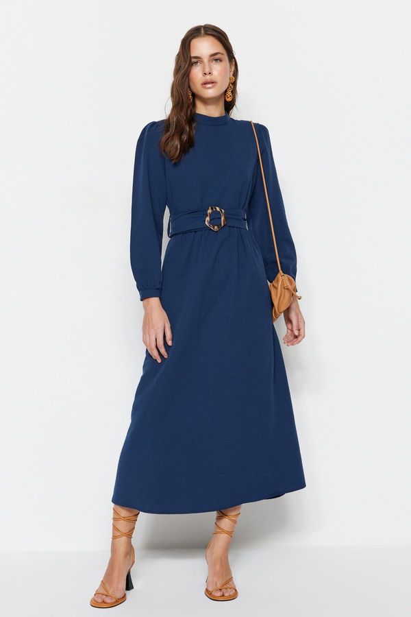 Trendyol Trendyol Navy Blue Belted High Collar Linen Look Woven Dress