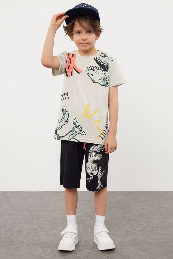 Trendyol Trendyol Navy Blue Boy's Dinosaur Patterned T-shirt Shorts Set Knitted Top-Bottom Set