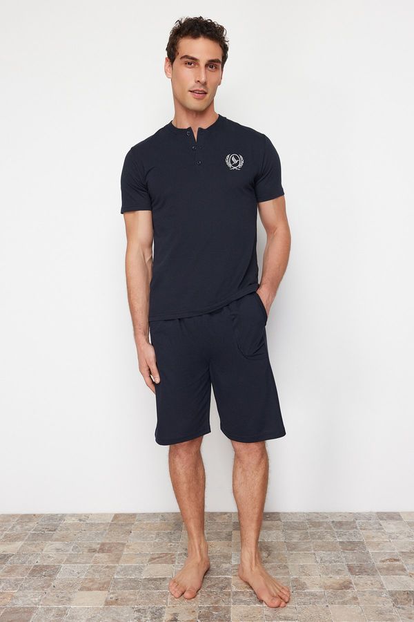 Trendyol Trendyol Navy Blue Buttoned Collar Regular Fit Pajamas Set with Knitted Shorts