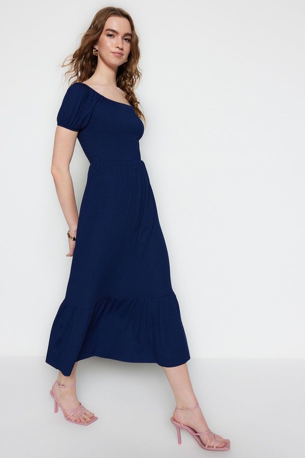 Trendyol Trendyol Navy Blue Carmen Collar A-Line Maxi Knitted Dress