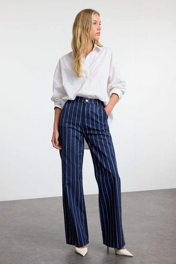 Trendyol Trendyol Navy Blue Chain Striped High Waist Wide Leg Jeans