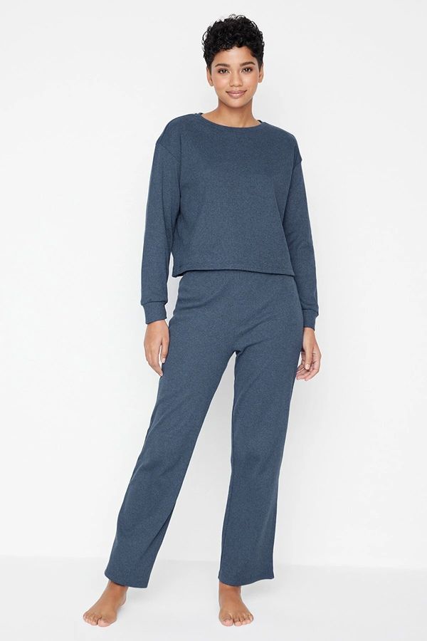Trendyol Trendyol Navy Blue Corded Cotton T-shirt-Pants Knitted Pajama Set