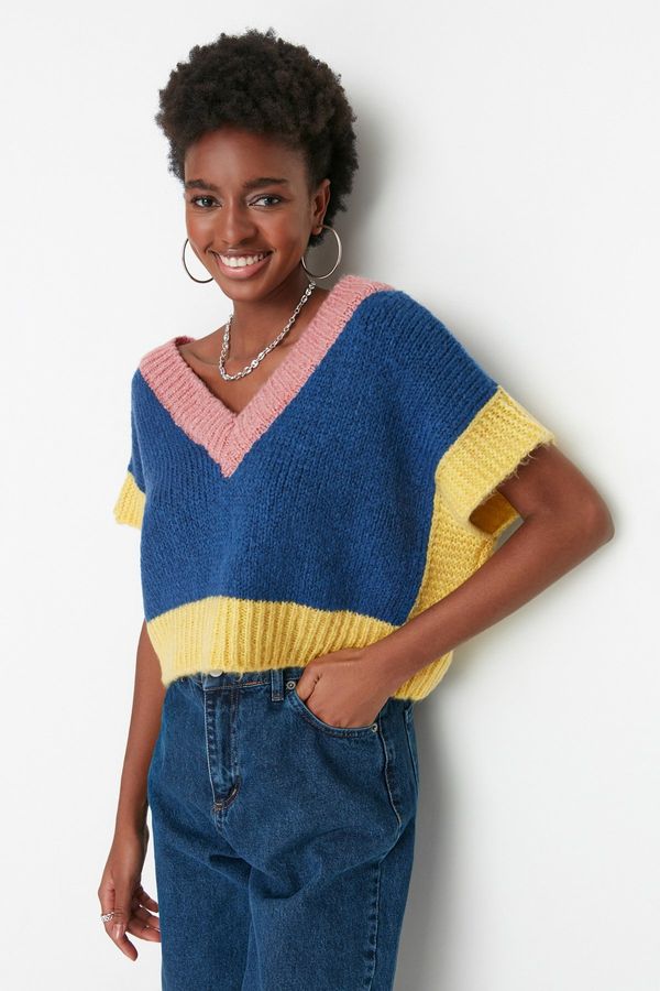 Trendyol Trendyol Navy Blue Crop Soft Textured Color Block Knitwear Sweater