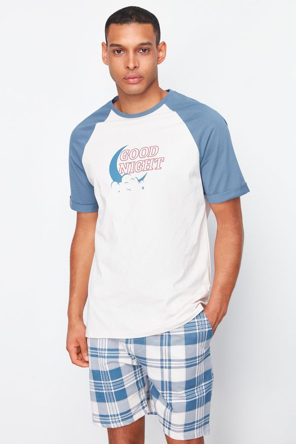 Trendyol Trendyol Navy Blue - Ecru Regular Fit Plaid Patterned Knitted Pajama Set