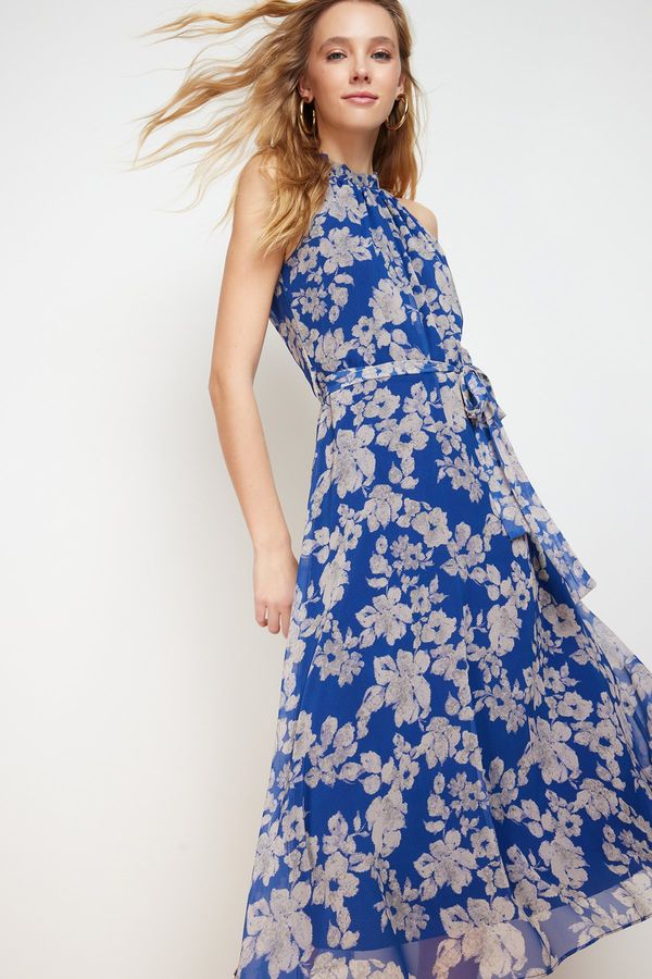 Trendyol Trendyol Navy Blue Floral Print Belted A-line Halter Neck Sleeveless Midi Lined Woven Dress