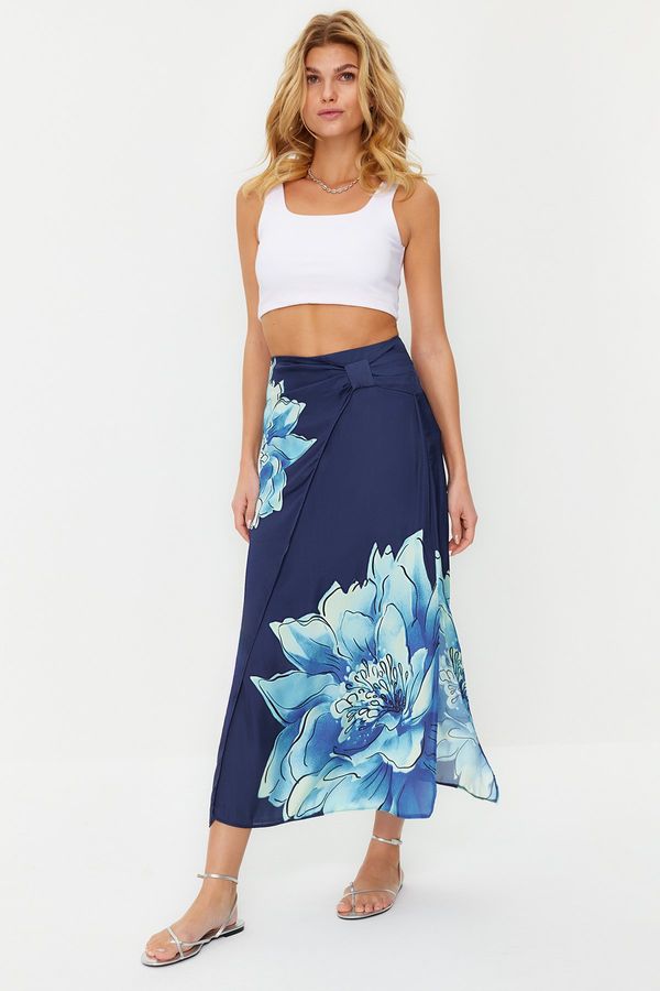 Trendyol Trendyol Navy Blue Floral Satin Maxi Length Woven Skirt