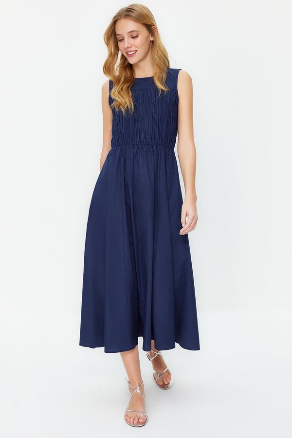 Trendyol Trendyol Navy Blue Gipe Detailed 100% Cotton Poplin Woven Dress