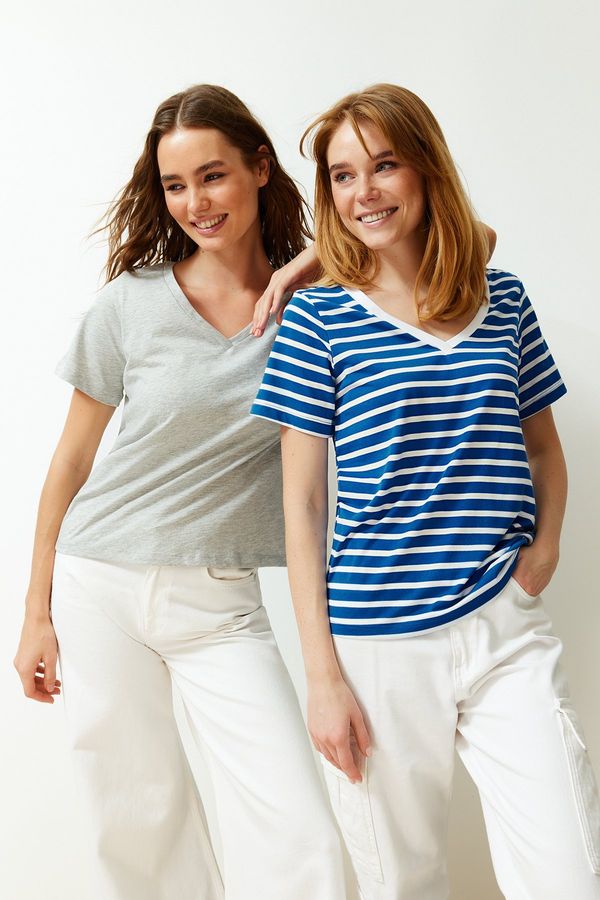 Trendyol Trendyol Navy Blue-Grey Package 100% Cotton V-Neck Knitted T-Shirt