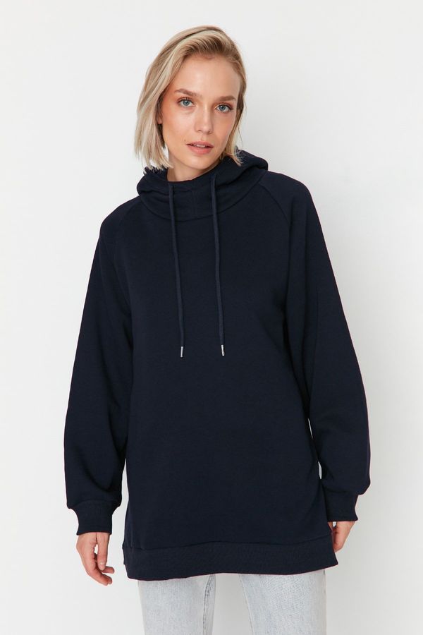 Trendyol Trendyol Navy Blue Hooded Oversize Raised Knitted Sweatshirt