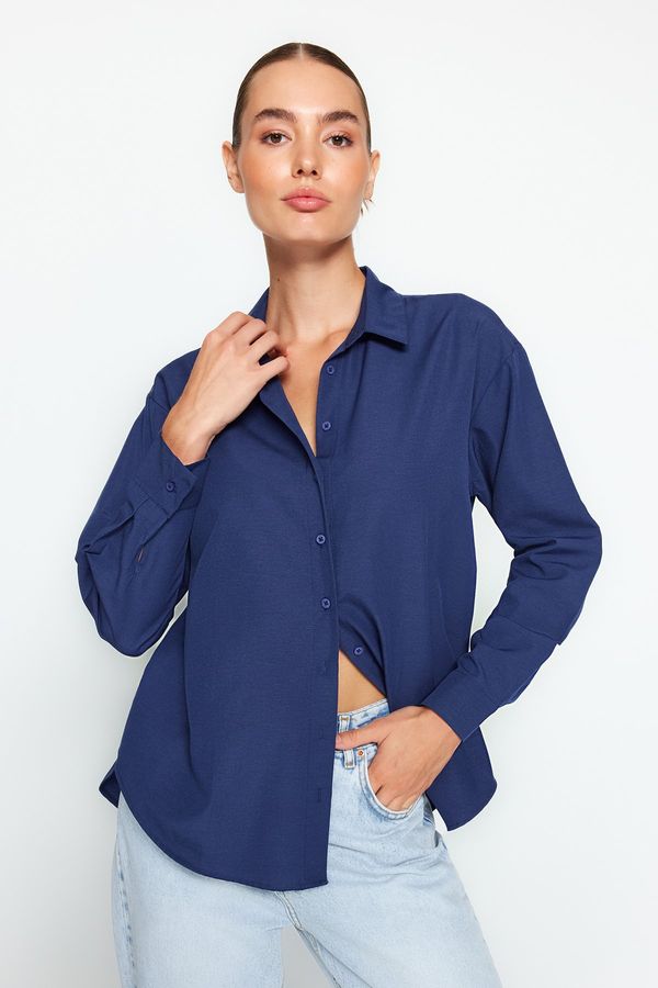 Trendyol Trendyol Navy Blue Loose Fit Cotton Woven Shirt