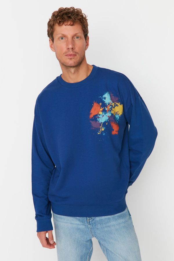 Trendyol Trendyol Navy Blue Men's Oversize/Wide Cut Crew Neck Geometric Printed Sweatshirt