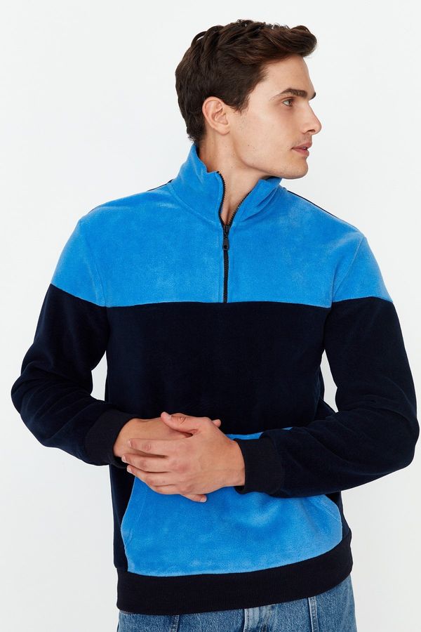 Trendyol Trendyol Navy Blue Men's Regular/Regular Cut, Zippered Standing Collar Keeps You Warm, Thermal Thick Fleece Sweatshirt.