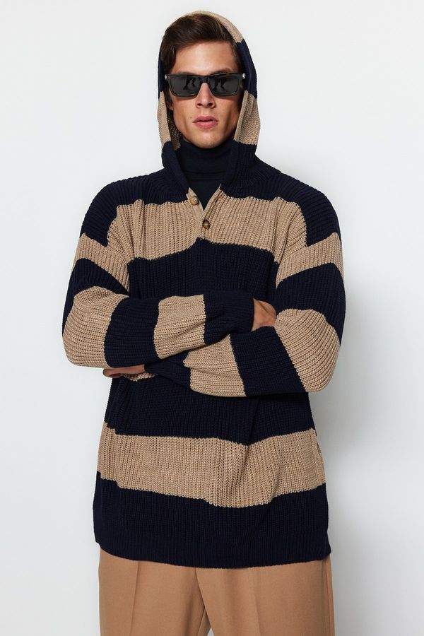 Trendyol Trendyol Navy Blue-Mink Oversize Fit Wide Fit Striped Hooded Knitwear Sweater