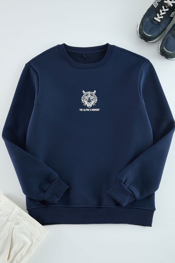 Trendyol Trendyol Navy Blue Oversize Animal Printed Cotton Sweatshirt